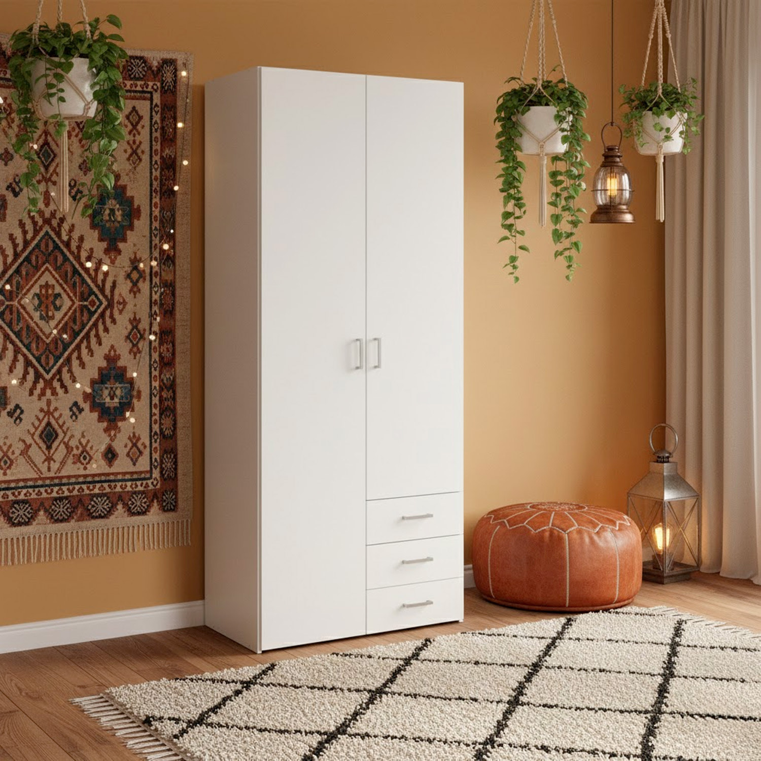 Armadio Con 2 Ante e 3 Cassetti Armadietto Multiuso Design Moderno Salvaspazio Vano Con Barra Appendiabiti E Ripiani 77.6 x 49.5 x 200.4 Cm Bianco