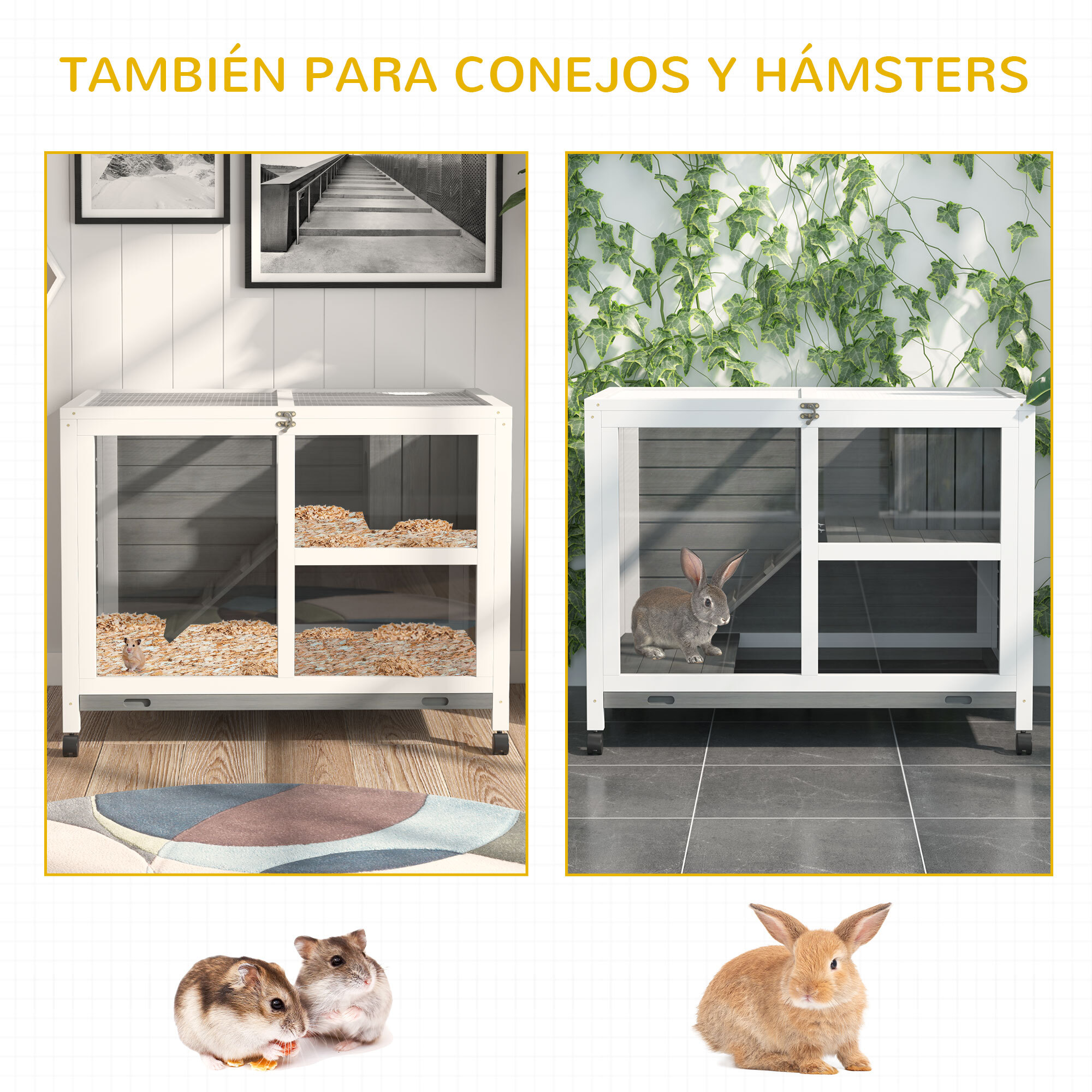 Conejera de Madera con Ruedas 91,5x53,3x73 cm Jaula para Conejos de 2 Niveles con Techo Abatible Bandeja Extraíble y Rampa Gris