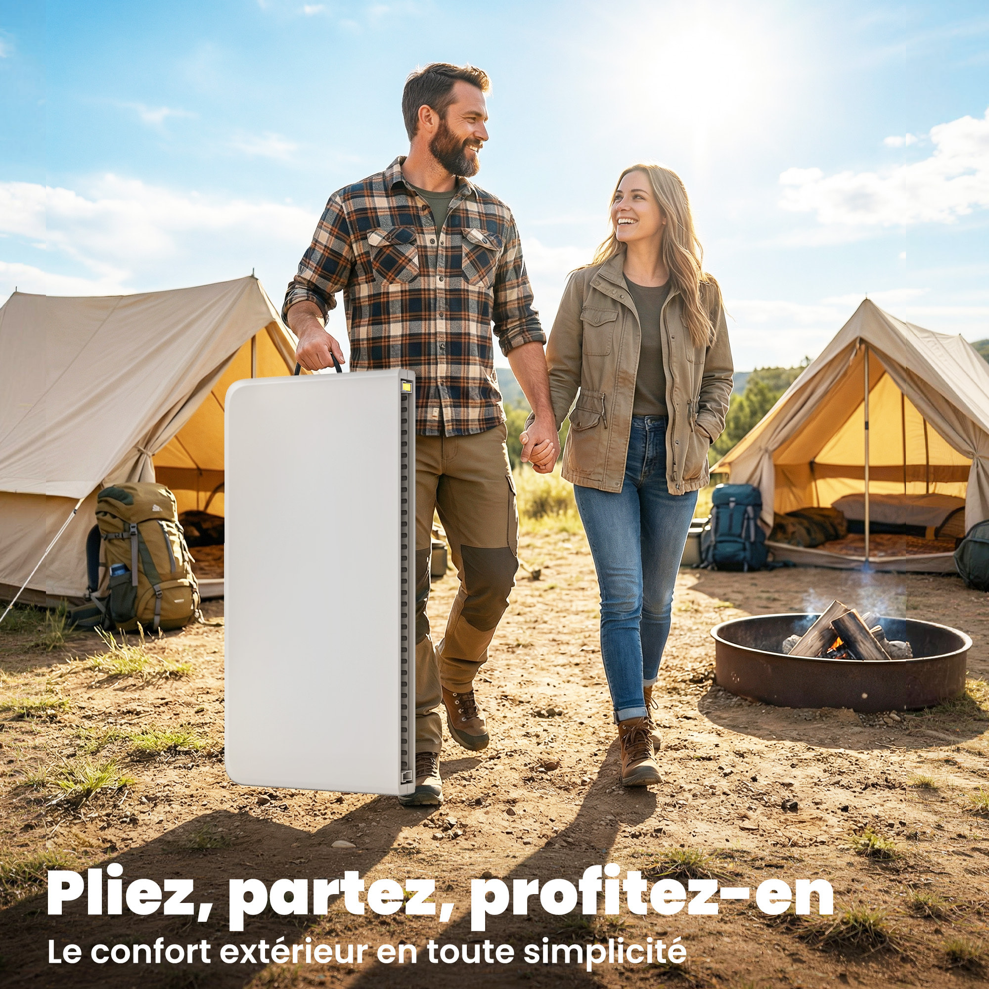 Table de camping carrée pliante hauteur réglable métal HDPE blanc