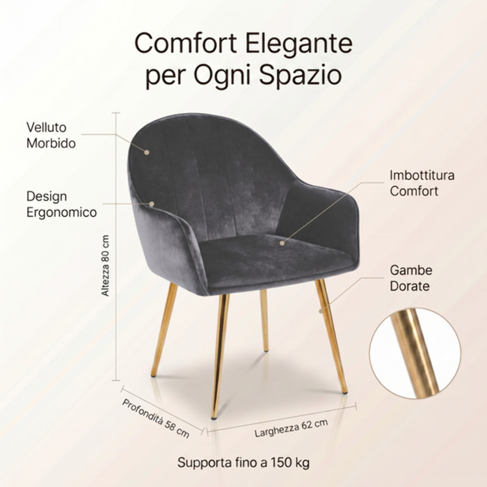 Set 2 poltrone in velluto con gambe oro, sedie imbottite design elegante e moderno, struttura in legno con schienale e seduta confortevoli, rivestimento effetto velluto morbido, ideali per soggiorno camera e ufficio, stile raffinato