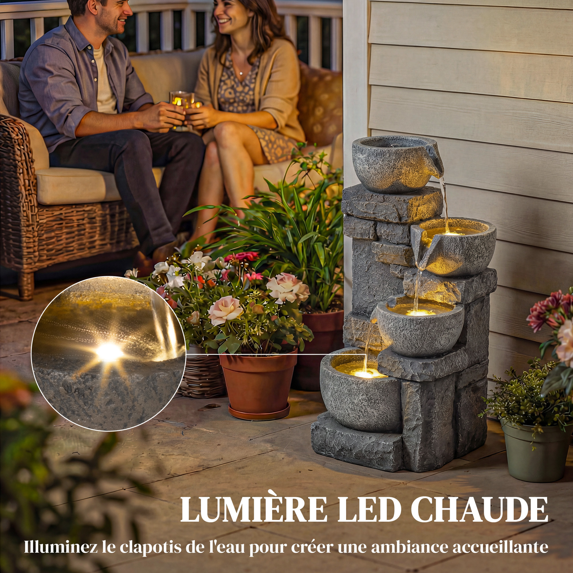 Fontaine de jardin cascade LED 4 niv. effet pierre brique pompe à eau réglable incluse