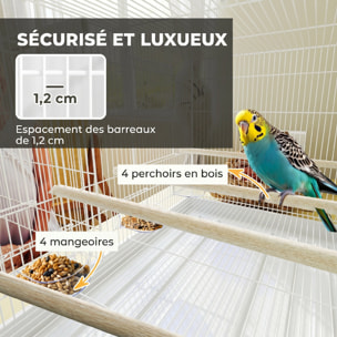 Cage à oiseaux volière acier avec séparateur - 4 perchoirs, mangeoires, portes, trappes, plateau déjection - blanc