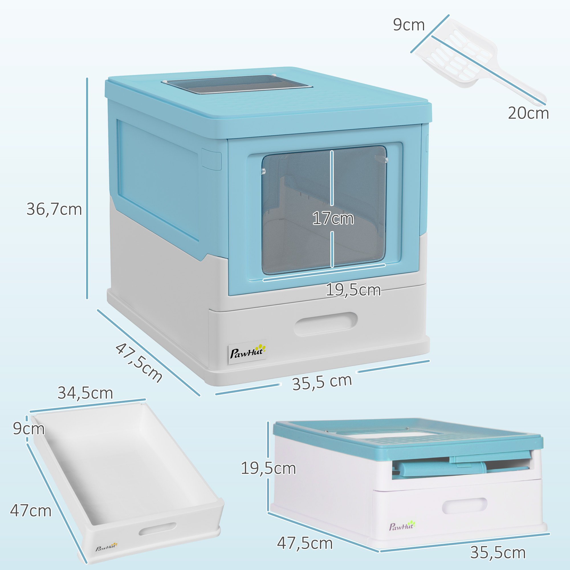 Caja de Arena Plegable para Gatos Arenero Cerrado para Gatos con Cubierta Desmontable Bandeja Extraíble Techo Abatible Puerta de Entrada y Pala 47,5x35,5x36,7 cm Azul y Blanco