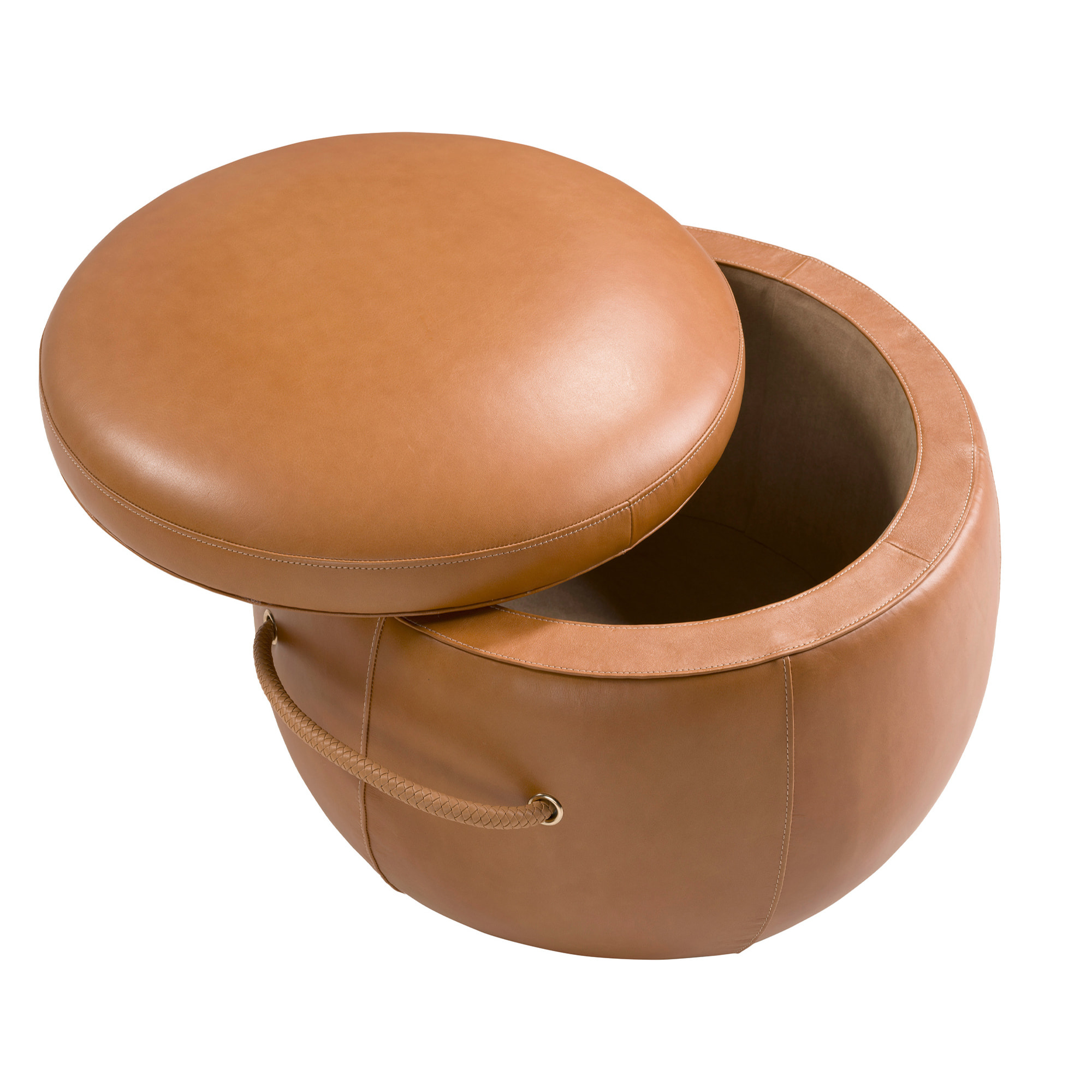 Puff con asiento tapizado en piel de origen vacuno en camel 63x63x47cm