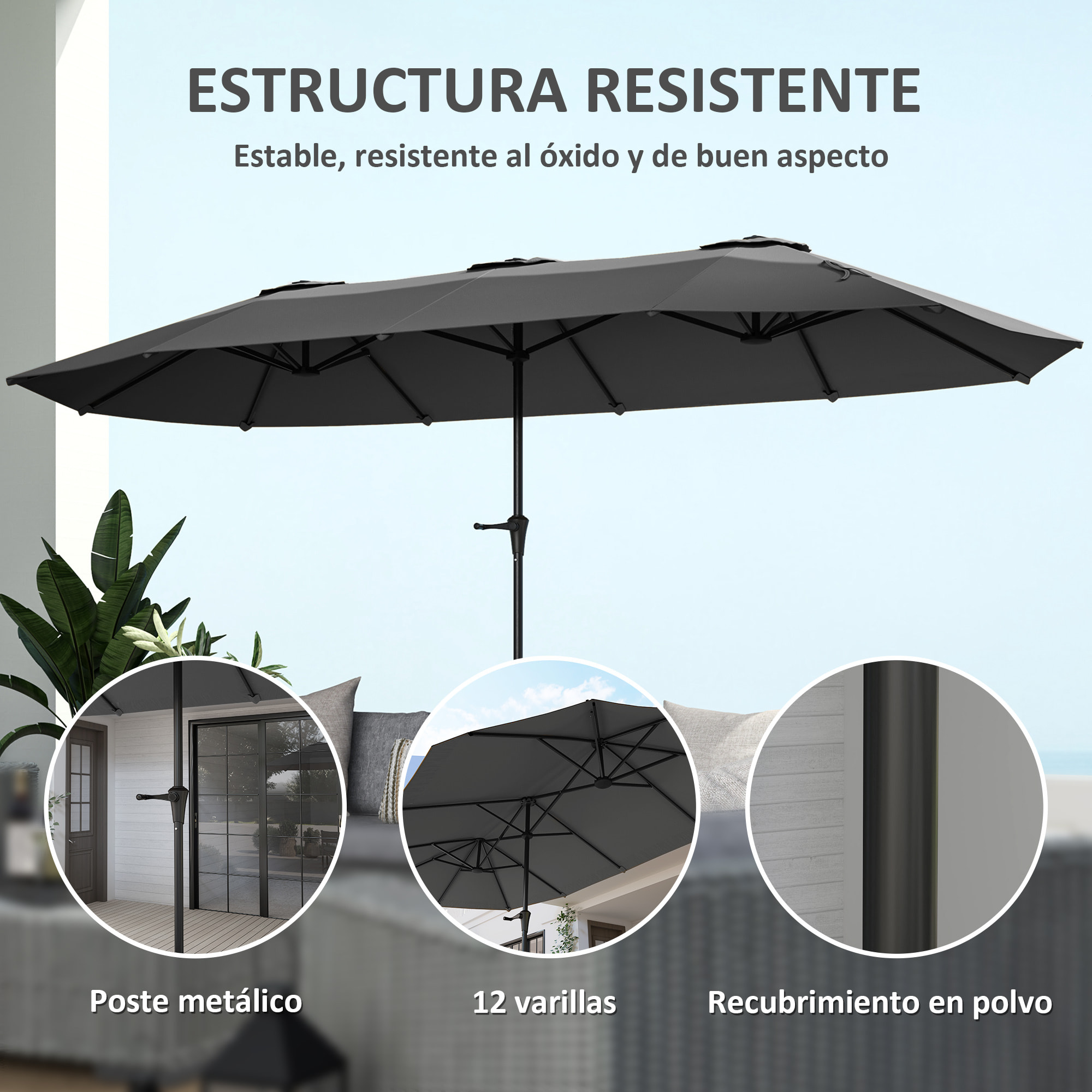 Sombrilla Doble 4x2,2 m Sombrilla Terraza Exterior con Manivela Manual Impermeable y Protección UV30+ Parasol Grande para Terraza Playa Piscina Gris Oscuro