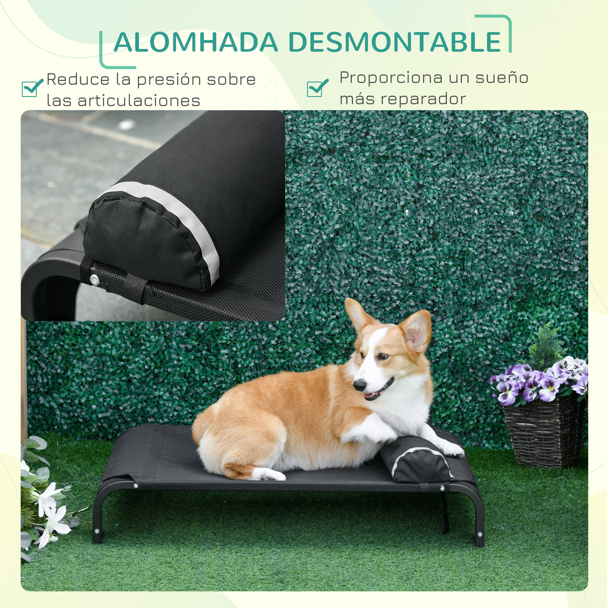 Cama Elevada para Mascotas Perros Gatos Tela Transpirable con Almohada Extraíble Exterior Interior Jardín Terraza 91x60x23 cm Negro