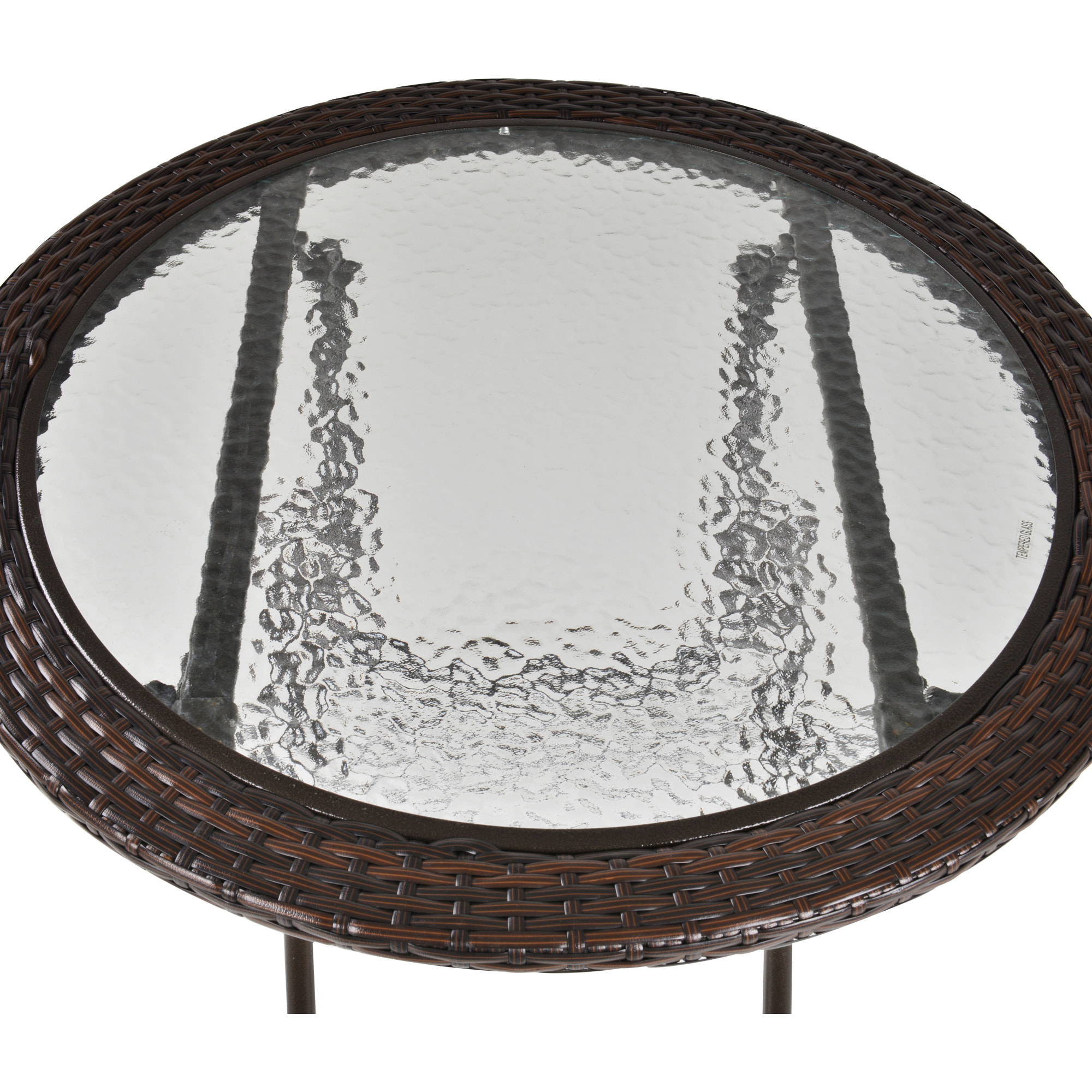 Table ronde bistro de jardin pliable dim. Ø 68 x 73H cm métal époxy résine tressée chocolat plateau verre trempé