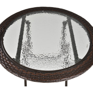 Table ronde bistro de jardin pliable dim. Ø 68 x 73H cm métal époxy résine tressée chocolat plateau verre trempé