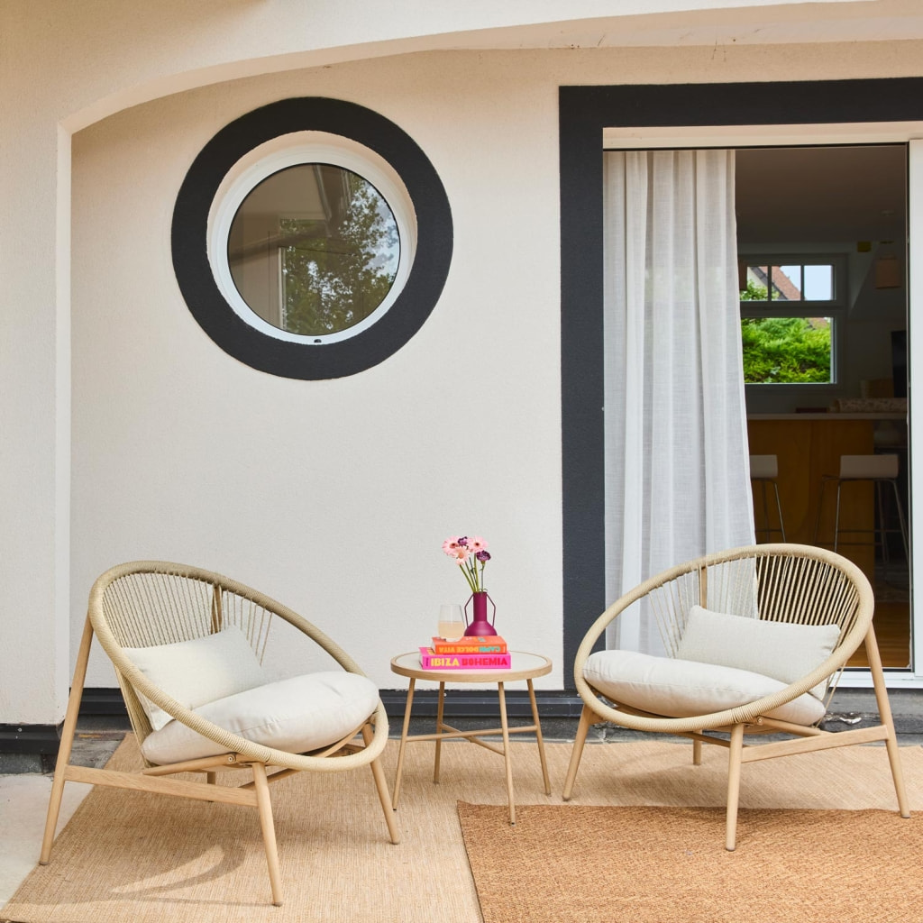 Set de 2 fauteuils de jardin avec table acier et rotin beige. 79x92x79cm - Narola