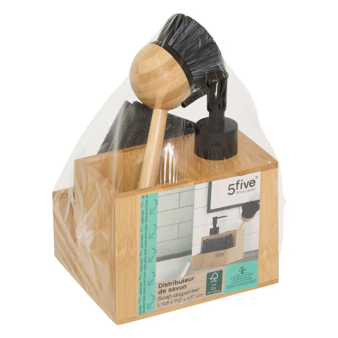 Distributeur à savon avec brosse et éponge bambou