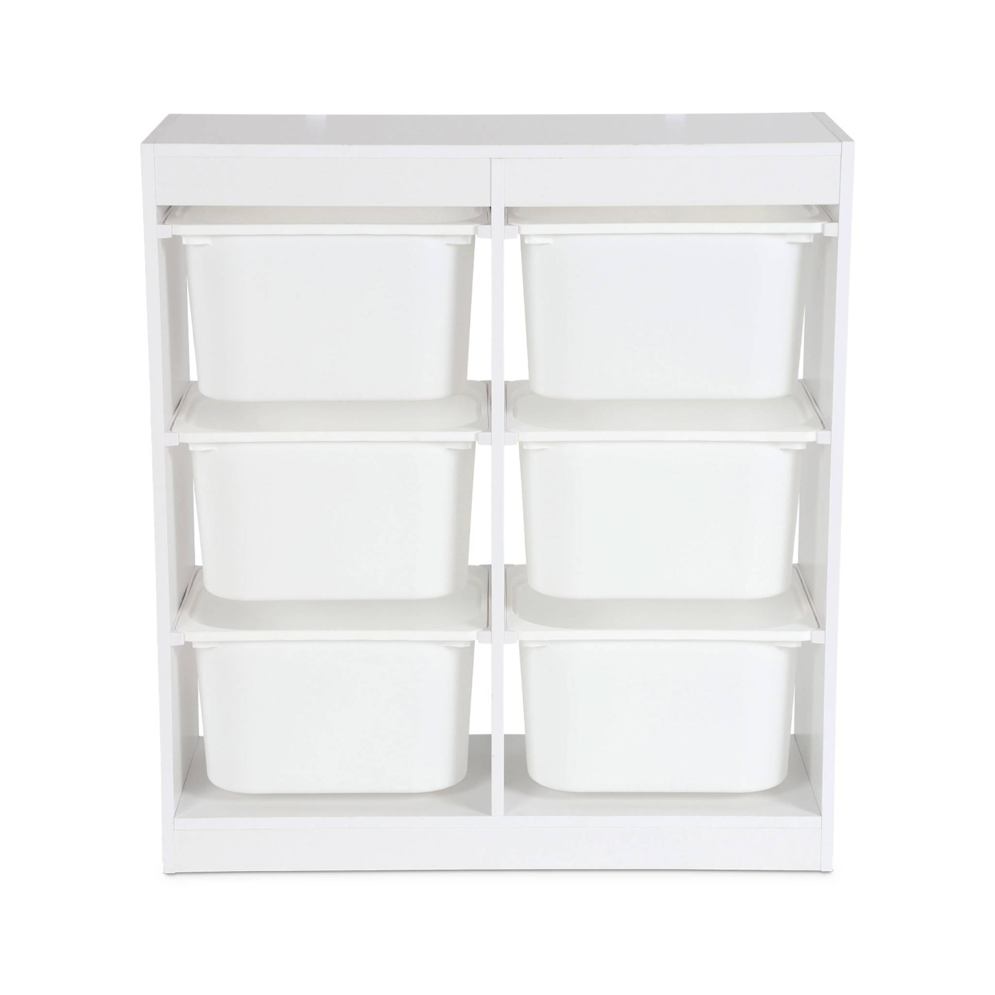 Meuble de rangement enfant. blanc. 6 bacs de rangement en plastique