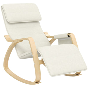 Fauteuil à bascule - fauteuil relax repose-pied réglable, poche rangement, tétière - bois tissu beige clair