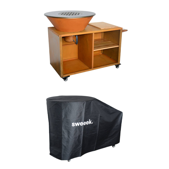 Brasero barbecue Ø80cm. grille de cuisson. stockage bois. coloris corten + housse de protection. L 138 x P 82 x H 114 cm