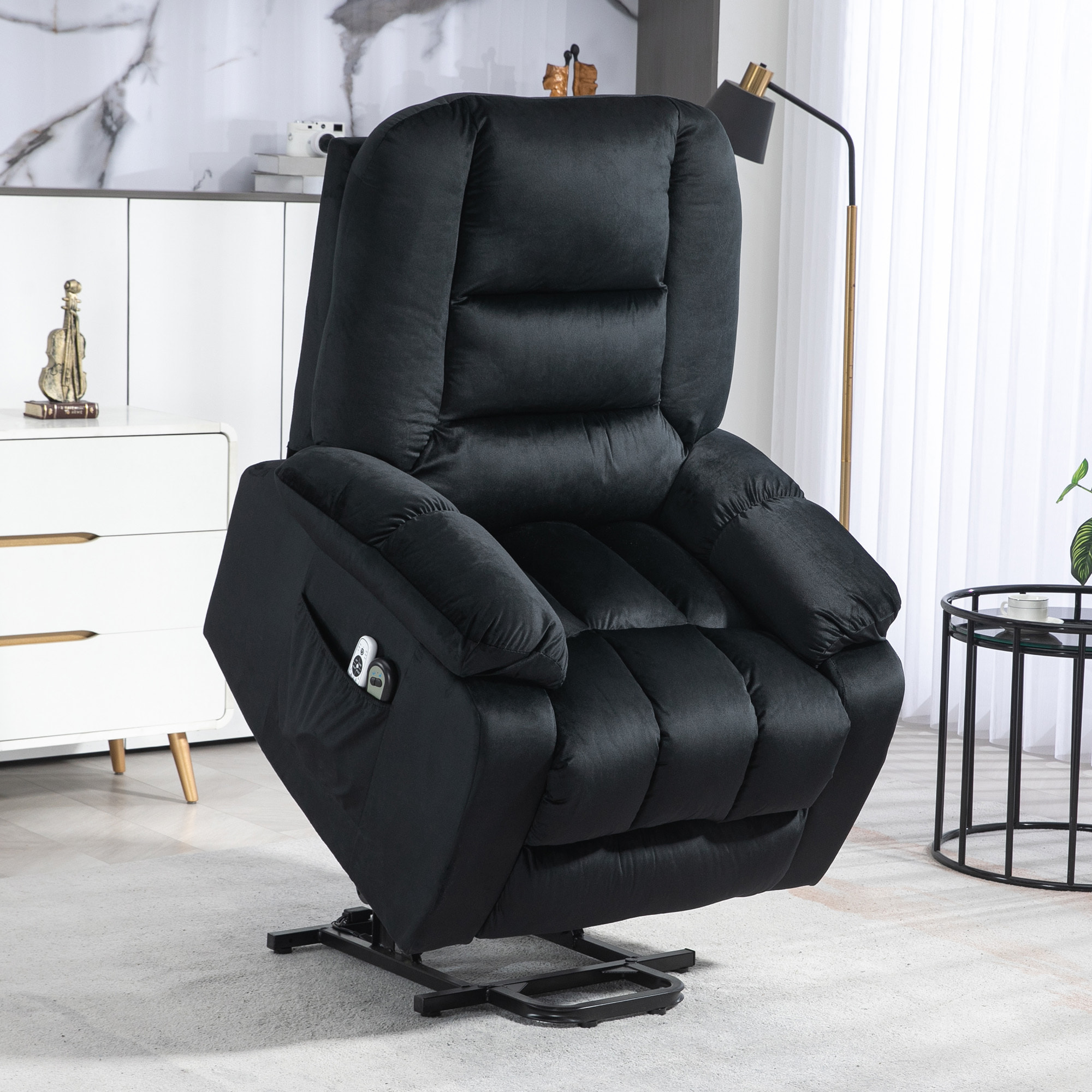 Fauteuil de massage releveur - 8 points de massage, fonction chauffante - 2 télécommandes - velours noir