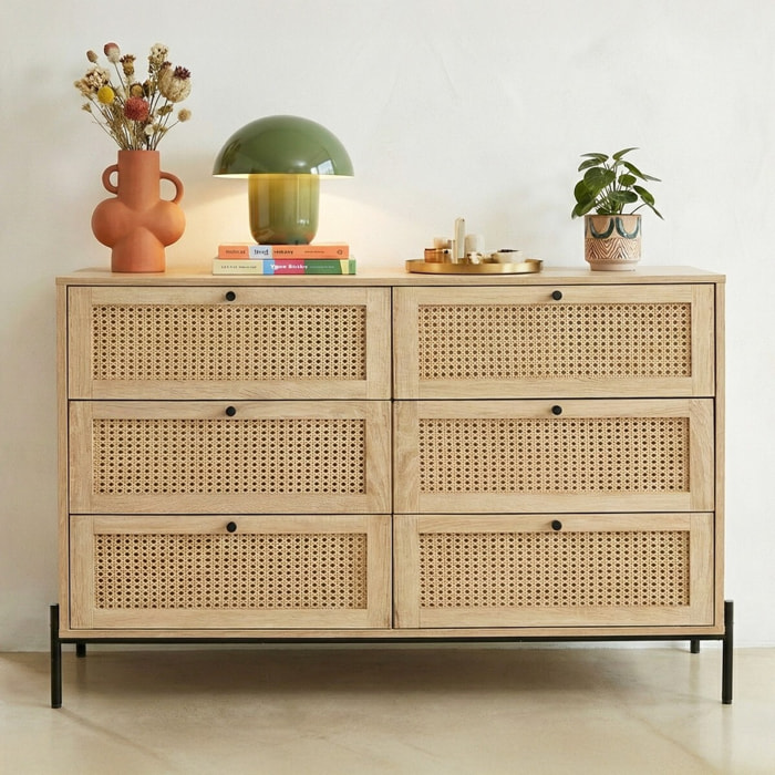 Commode 6 tiroirs en cannage et effet chêne - IRIS