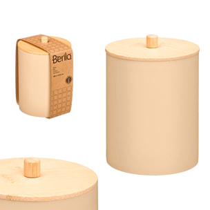 Confezione di 3 barattoli beige in plastica con coperchio in bambù. 9x13,2 cm