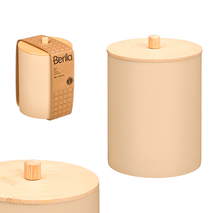 Confezione di 3 barattoli beige in plastica con coperchio in bambù. 9x13,2 cm