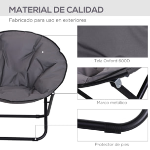 Silla de Luna Plegable Silla de Platillo con Asiento de Tela Oxford y Patas de Metal Carga 120 kg para Camping Playa Terraza Patio 80x80x75 cm Gris