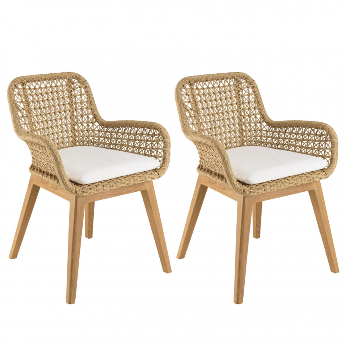 VALERIA - Lot de 2 fauteuils jardin teck rotin synthétique et coussin blanc