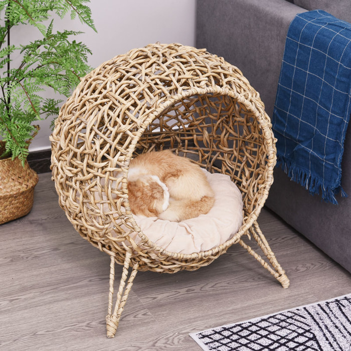 PawHut Panier chat lit chat cosy grand confort dim. Ø 52 x 58H cm coussin moelleux inclus résine tressée imitation rotin beige