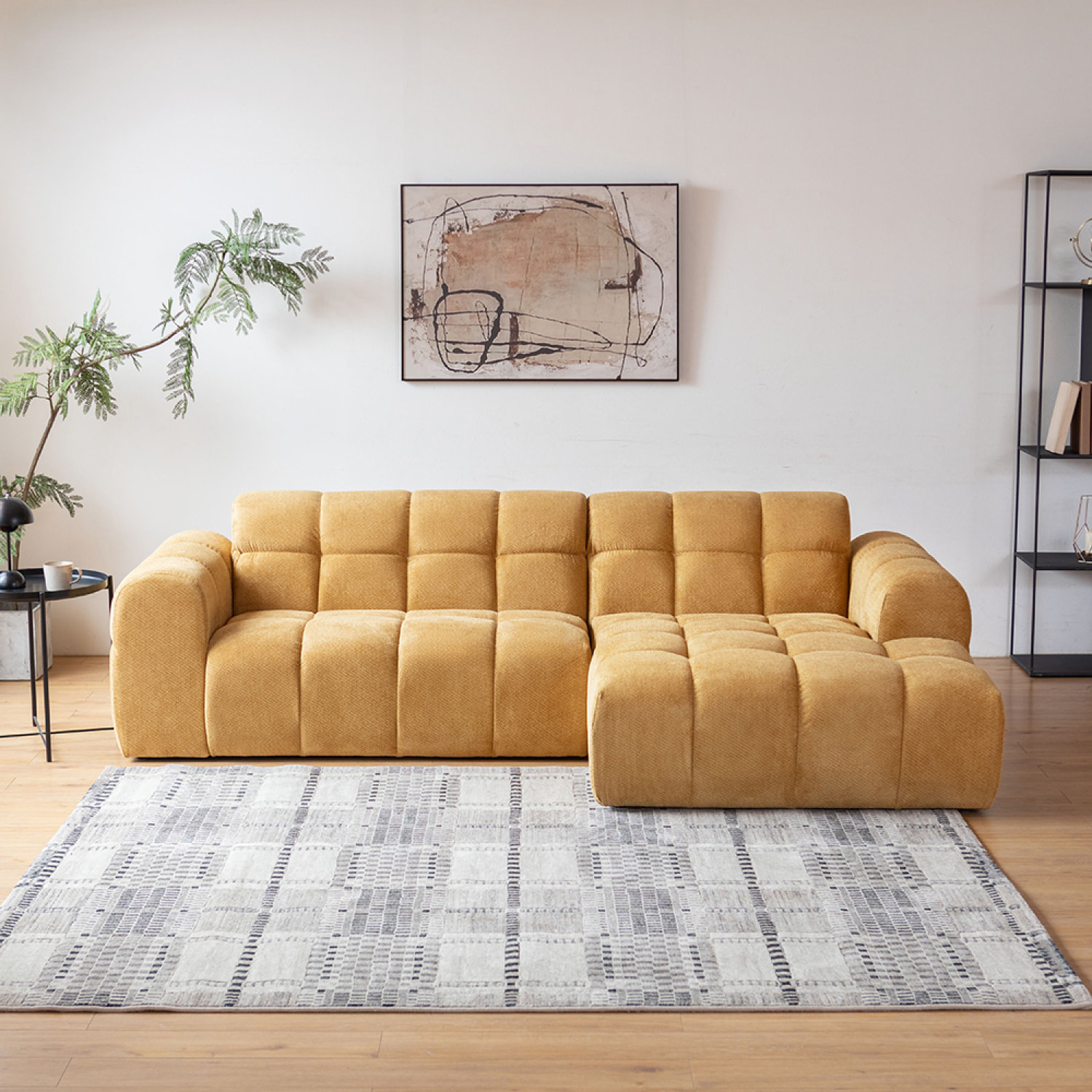 ALINE Canapé d'angle 3/4 places nuage en velours moutarde