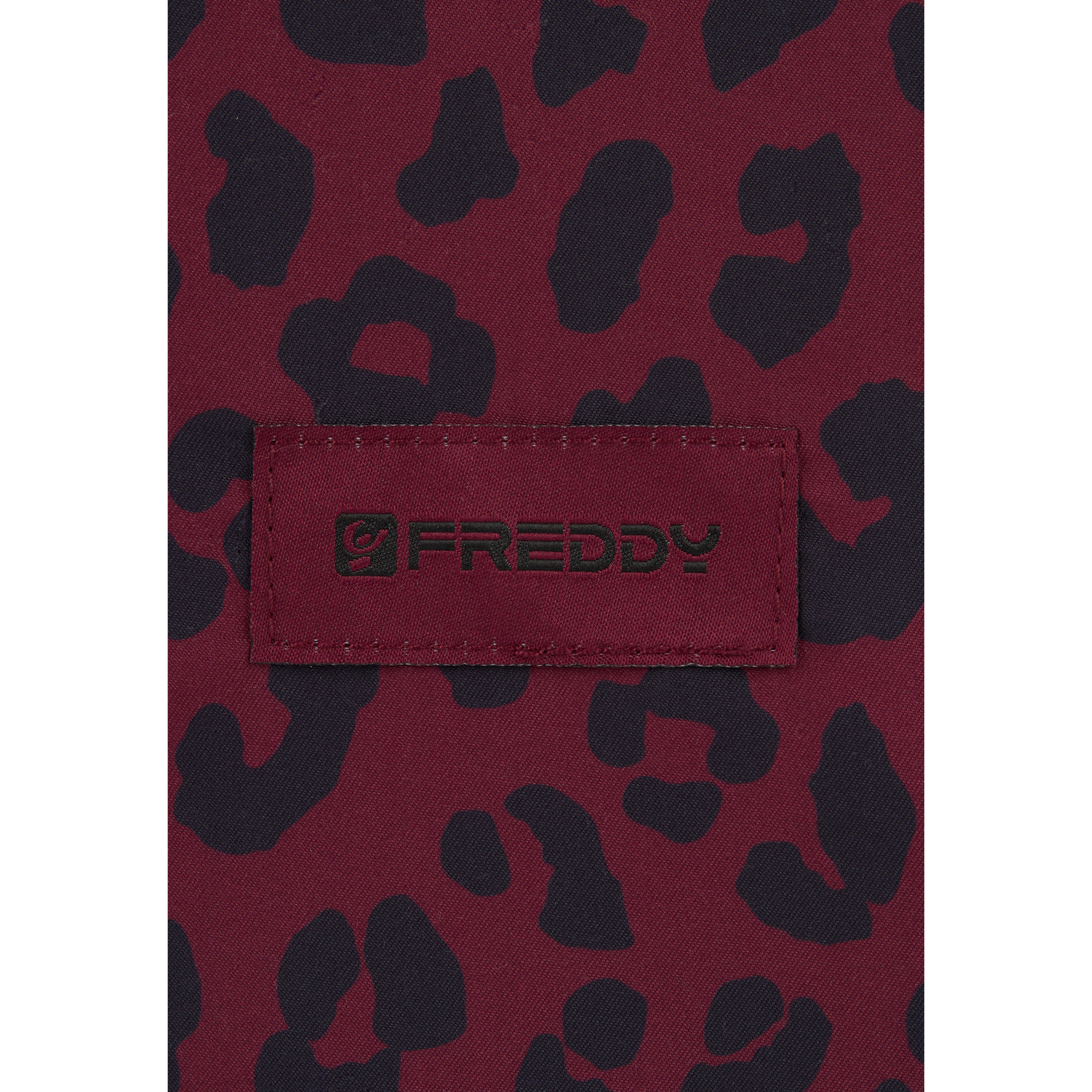 Bustina leopardata in poliestere con zip e logo applicato