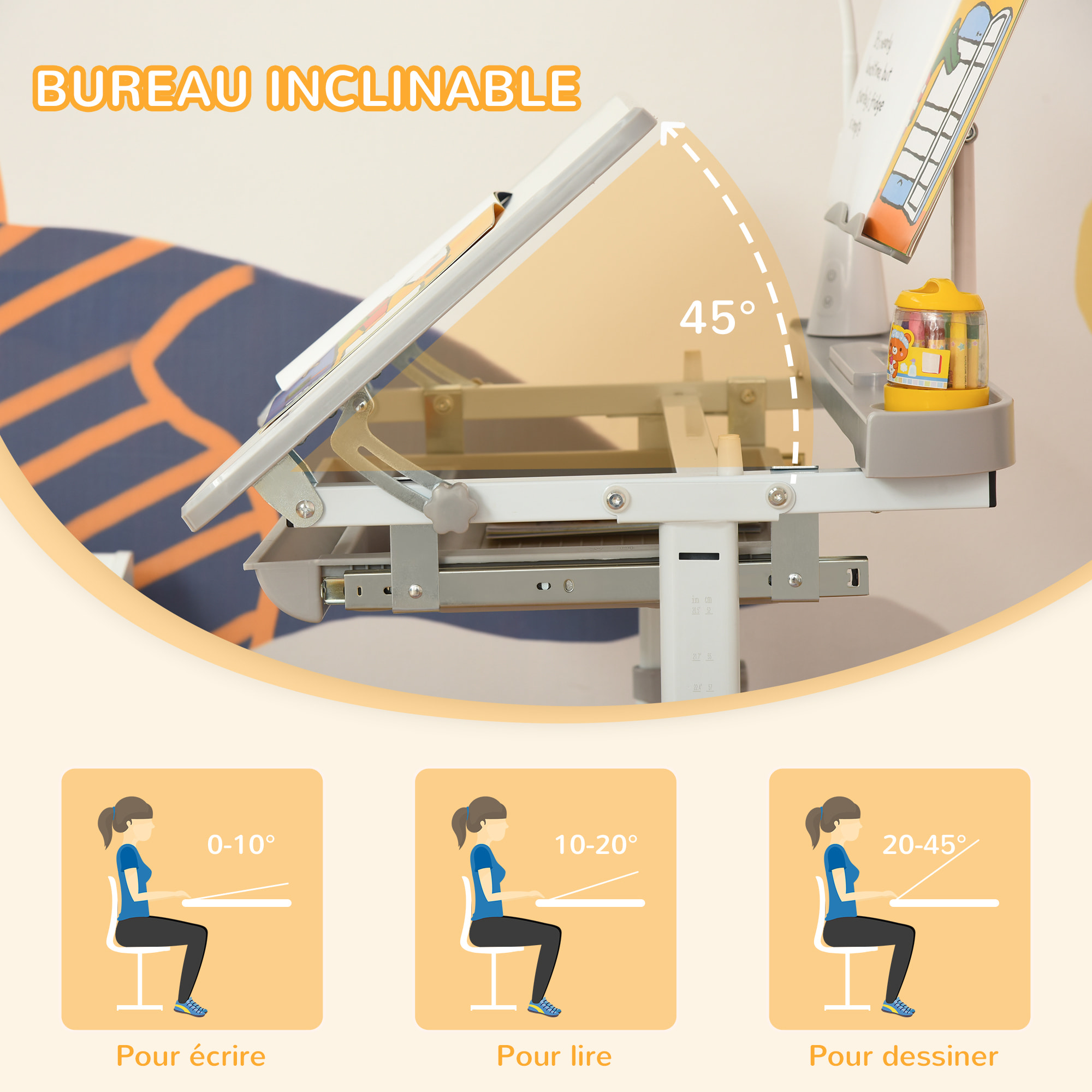 Bureau enfant avec chaise - ensemble bureau et chaise réglable - lampe, support de lecture, tablette coulissante multi-rangement - gris blanc