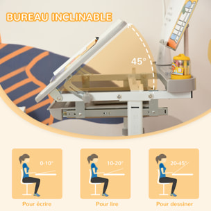 Bureau enfant avec chaise - ensemble bureau et chaise réglable - lampe, support de lecture, tablette coulissante multi-rangement - gris blanc