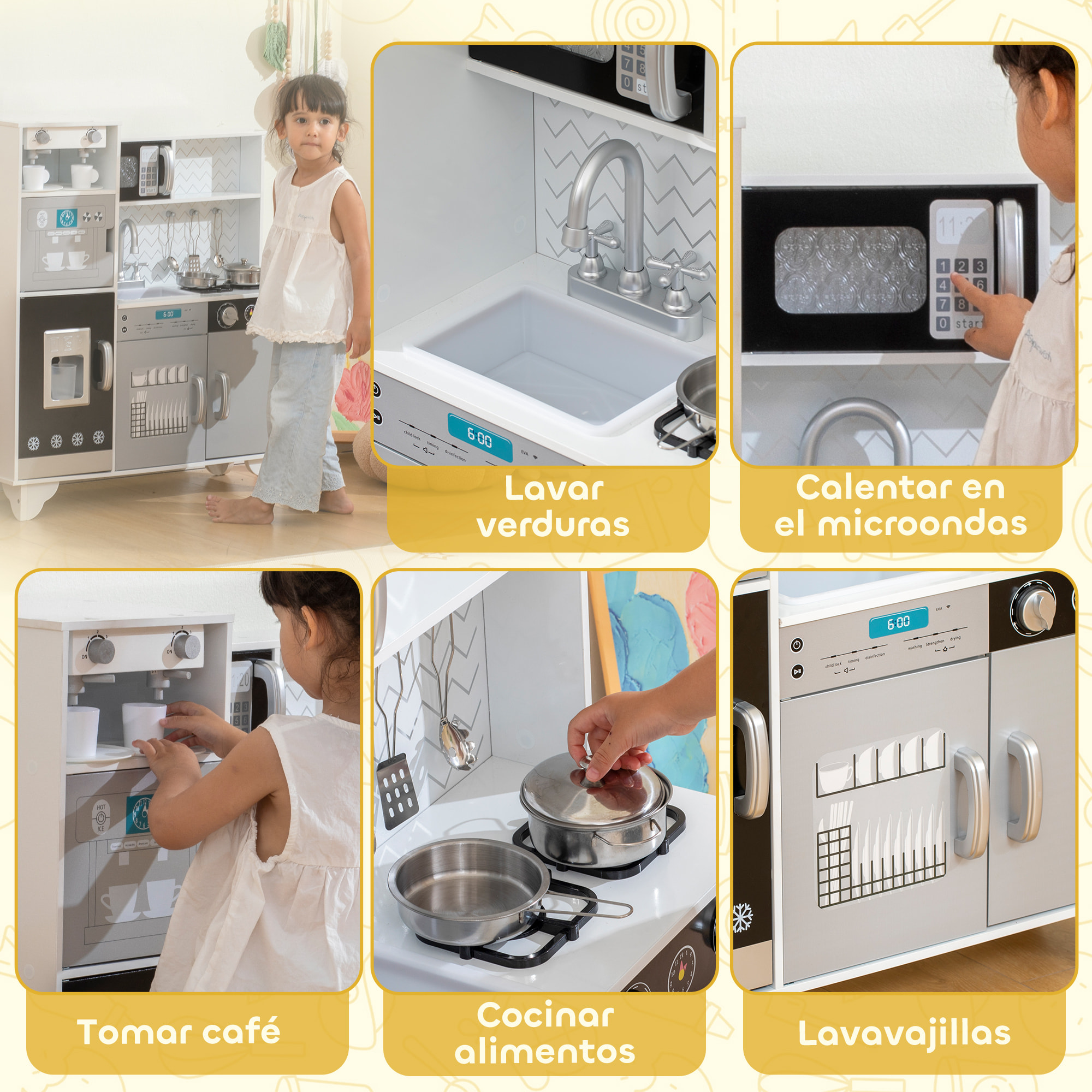 Cocina de Juguete de Madera con Sonido, Cocinita Infantil con Accesorios de Acero Inoxidable, Microondas, Máquina de Hielo, Cafetera, Lavavajillas, para Niños a Partir de 3 Años, Blanco