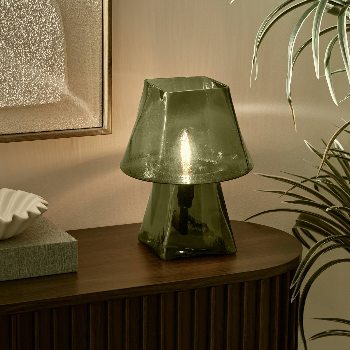 Lampe champignon Elita H.26cm en verre vert