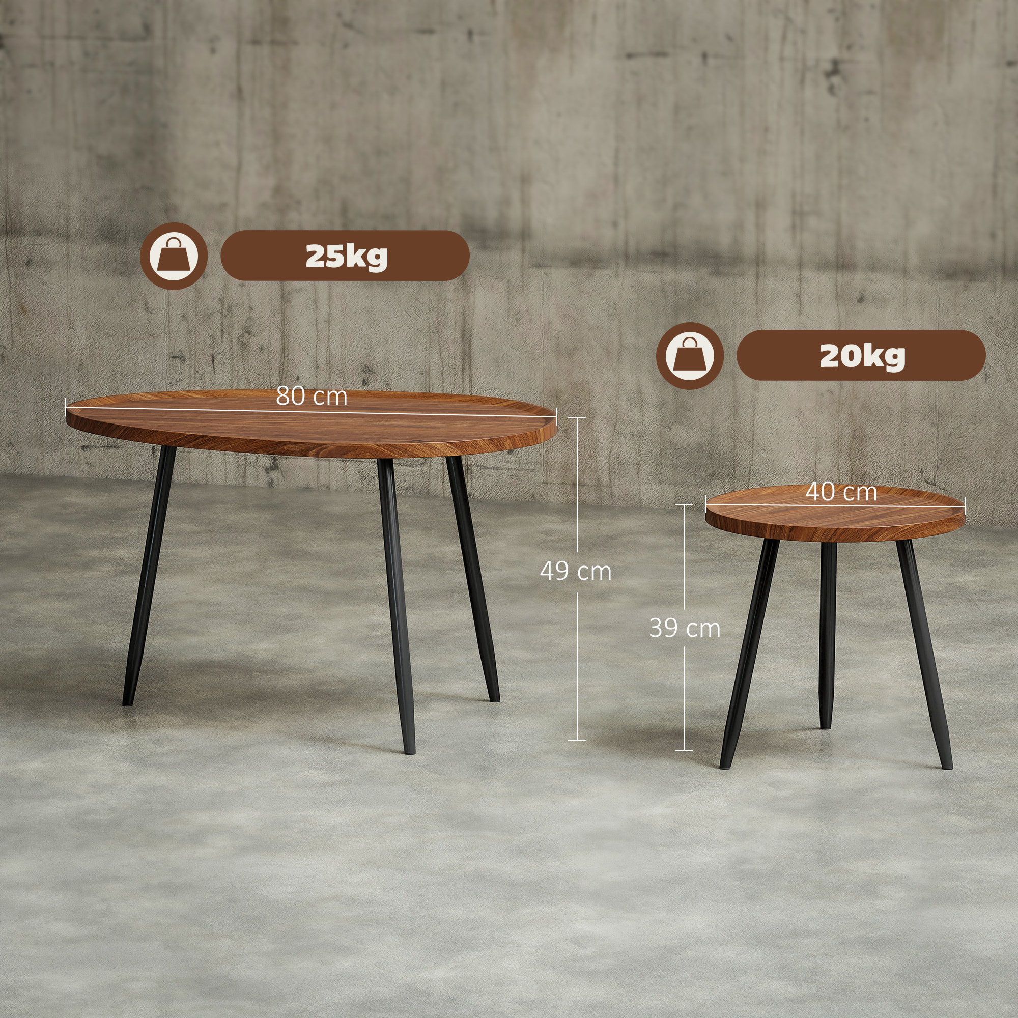 Juego de 2 Mesas Auxiliares Apilables Mesas Nido Mesitas de Café Estilo Moderno con Marco de Metal para Salón Dormitorio Oficina 80x55x49 cm y Ø40x39 cm Efecto Madera y Negro