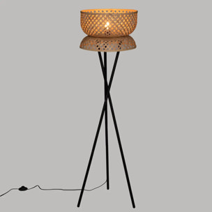 Lampadaire trépied Suny - bambou et métal - noir - H145 cm