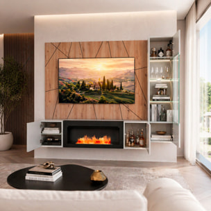 Parete Attrezzata Moderna Per Tv Con Biocamino E Pannello Design Geometrico 2 Ante Ribalta  E 1 Vano A Giorno 200 x 40 x 158 Cm Grigio E Rovere