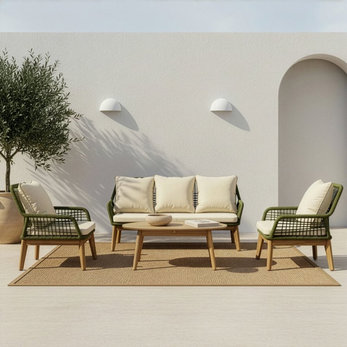 Ensemble de canapé, fauteuil et chaise de jardin Kairo -bois massif dacacia, corde et revêtement-couleur naturel 0 x 0 x 0 cm