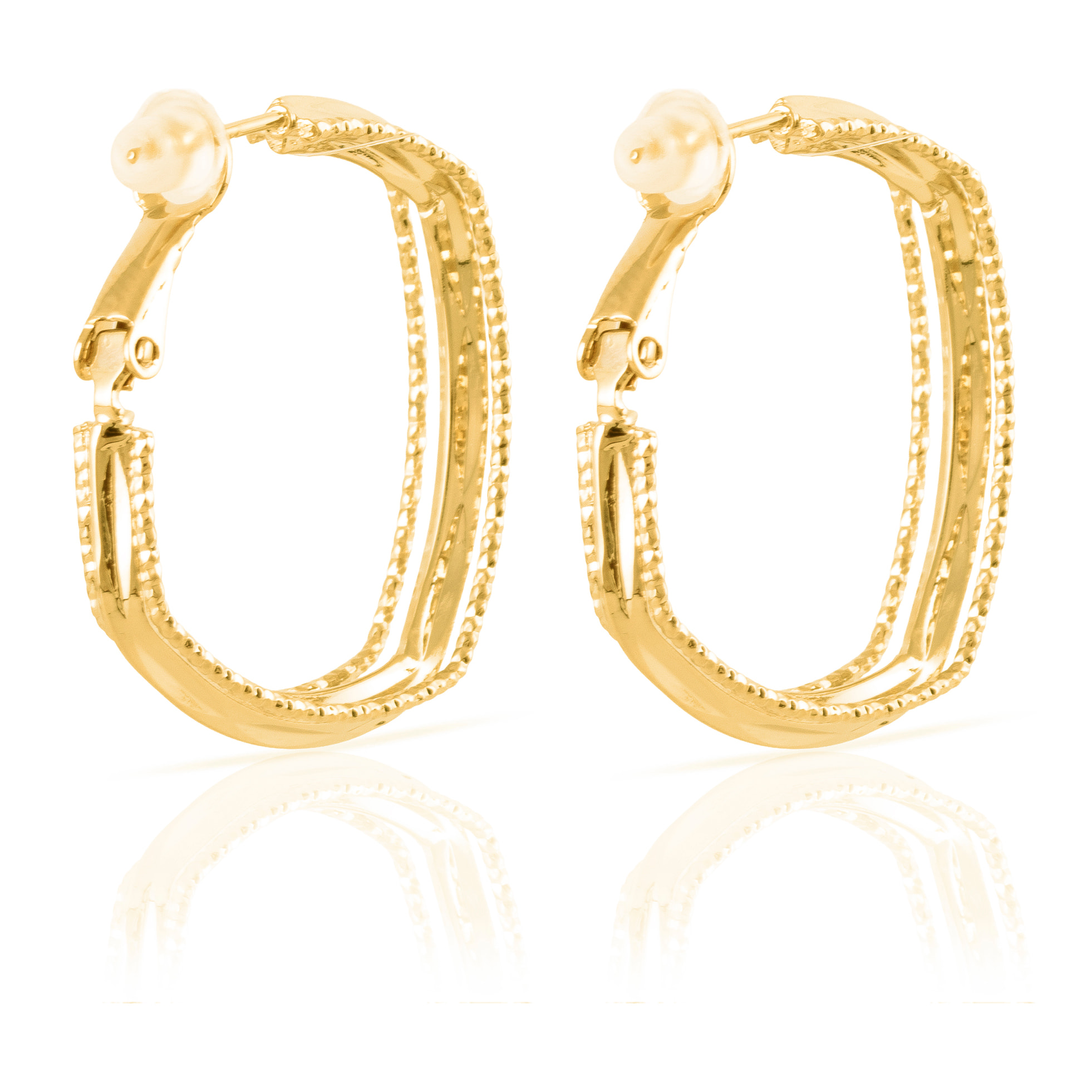 Pendientes de aro con diseño geométrico de cobre con recubrimiento electroplateado dorado brillante, 30 mm, con cierre catalán en plata de ley 925.