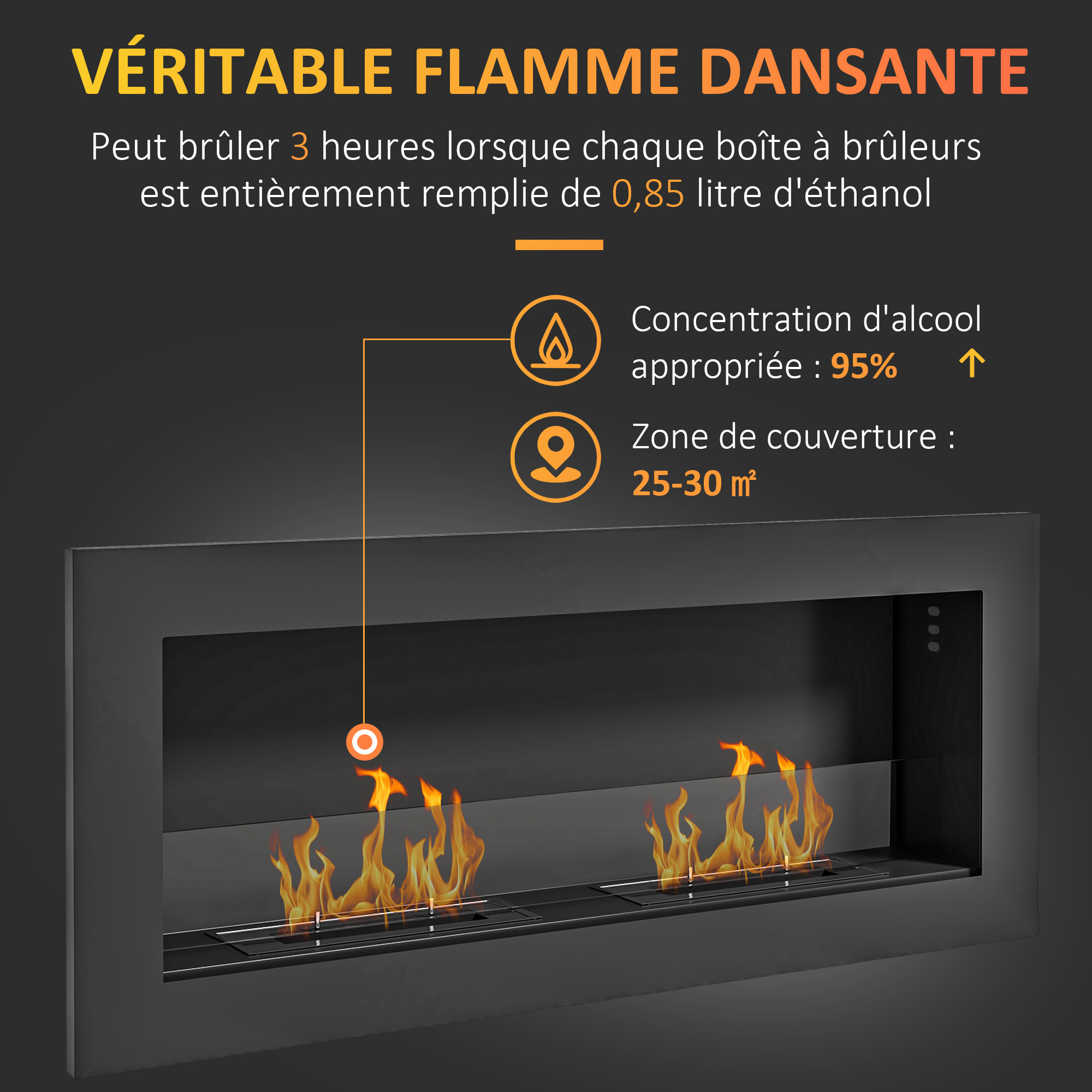 Cheminée bioéthanol murale design Bauhaus - double brûleur 0,85 L - pare-feu verre trempé - acier inox. acier noir