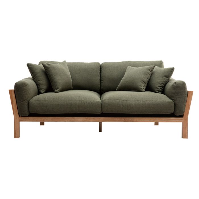 Canapé scandinave déhoussable 3 places en tissu vert kaki et bois clair KYO