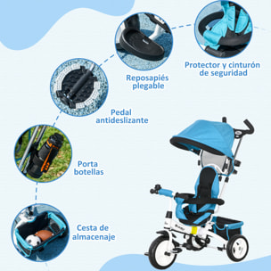 Triciclo Evolutivo para Bebés 6 en 1 Triciclo para Niños de 1-5 Años Bicicleta para Niños con Toldo Plegable Mango Telescópico Desmontable Cinturón de Seguridad y Cesto 95x50x106 cm Azul