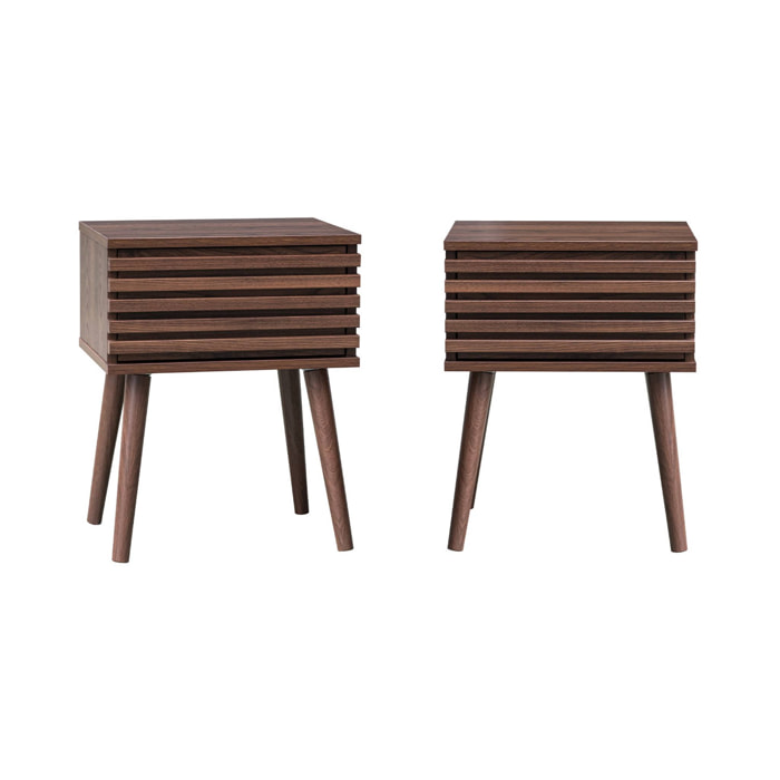 Lot de 2 tables de chevet style scandinave décor bois avec tiroir rainuré noyer et pieds compas