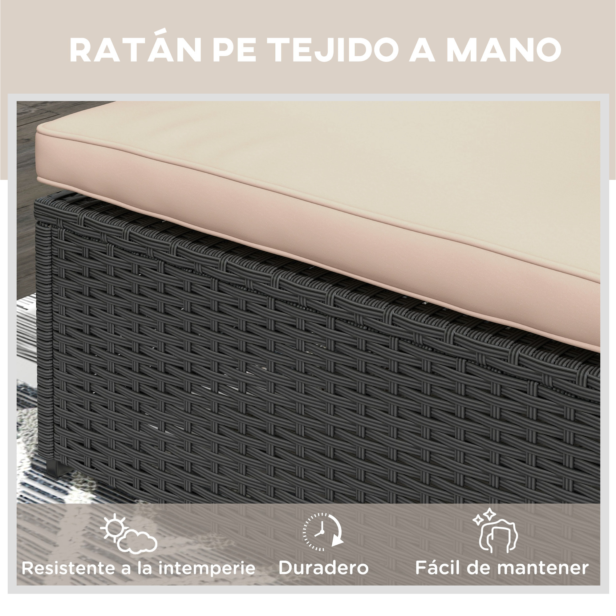 Tumbona de Ratán Reclinable Tumbona para Jardín con Respaldo Ajustable en 5 Niveles Mesita y Cojín Carga 120 kg para Patio Terraza Negro y Beige