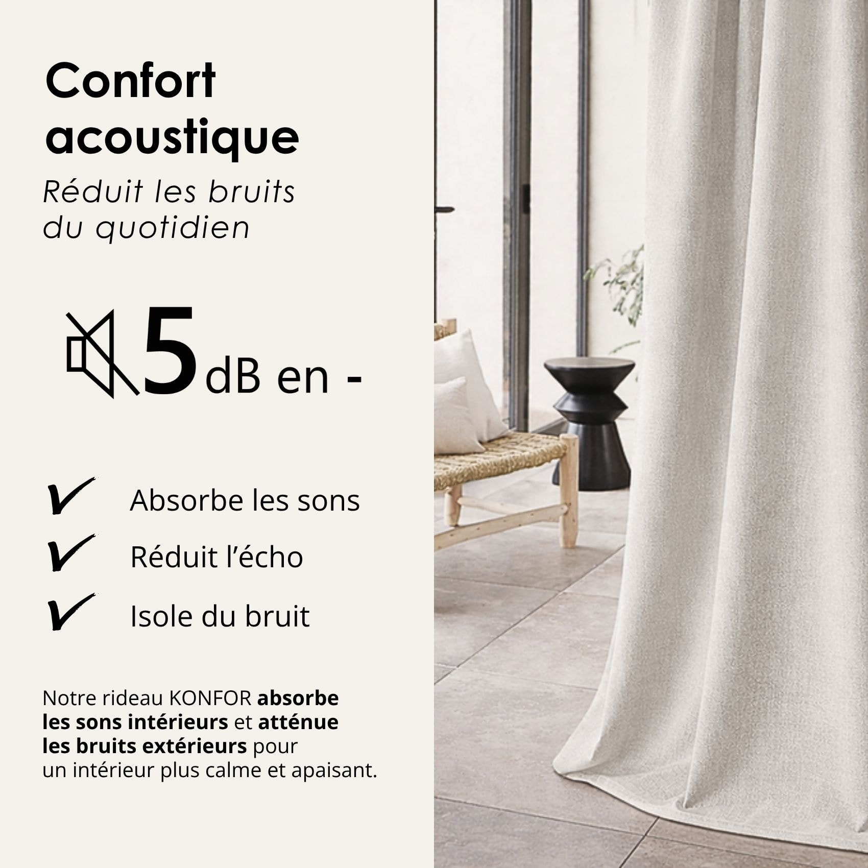 Rideau thermique phonique et semi occultant KONFOR - Blanc cassé