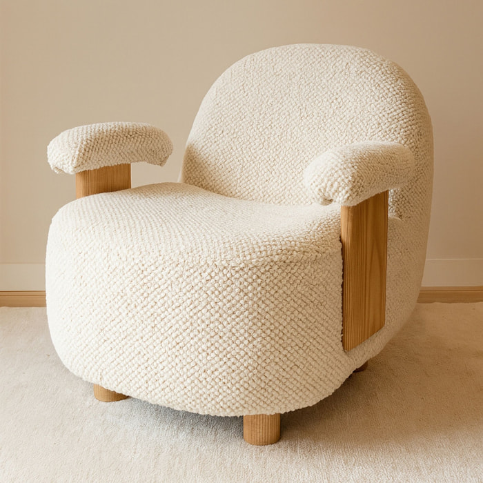 Fauteuil en bouclette écru et structure en bois ULYSSE