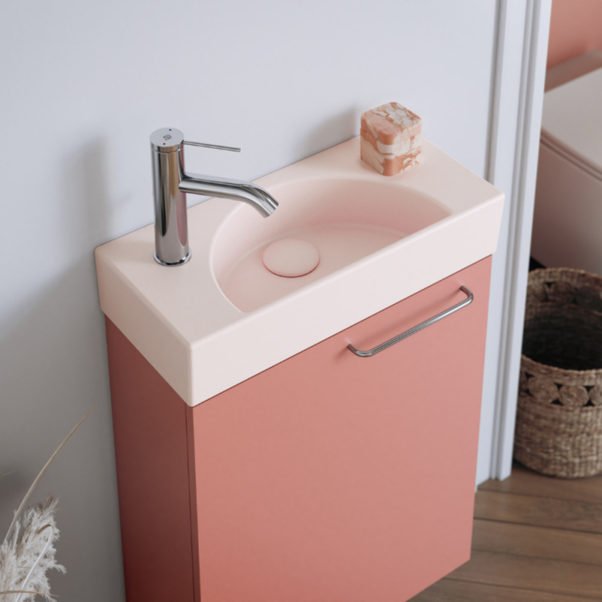 Lave-mains compact 50 cm Odéon Rive Gauche 1 trou de robinetterie à gauche Rose pâle satiné