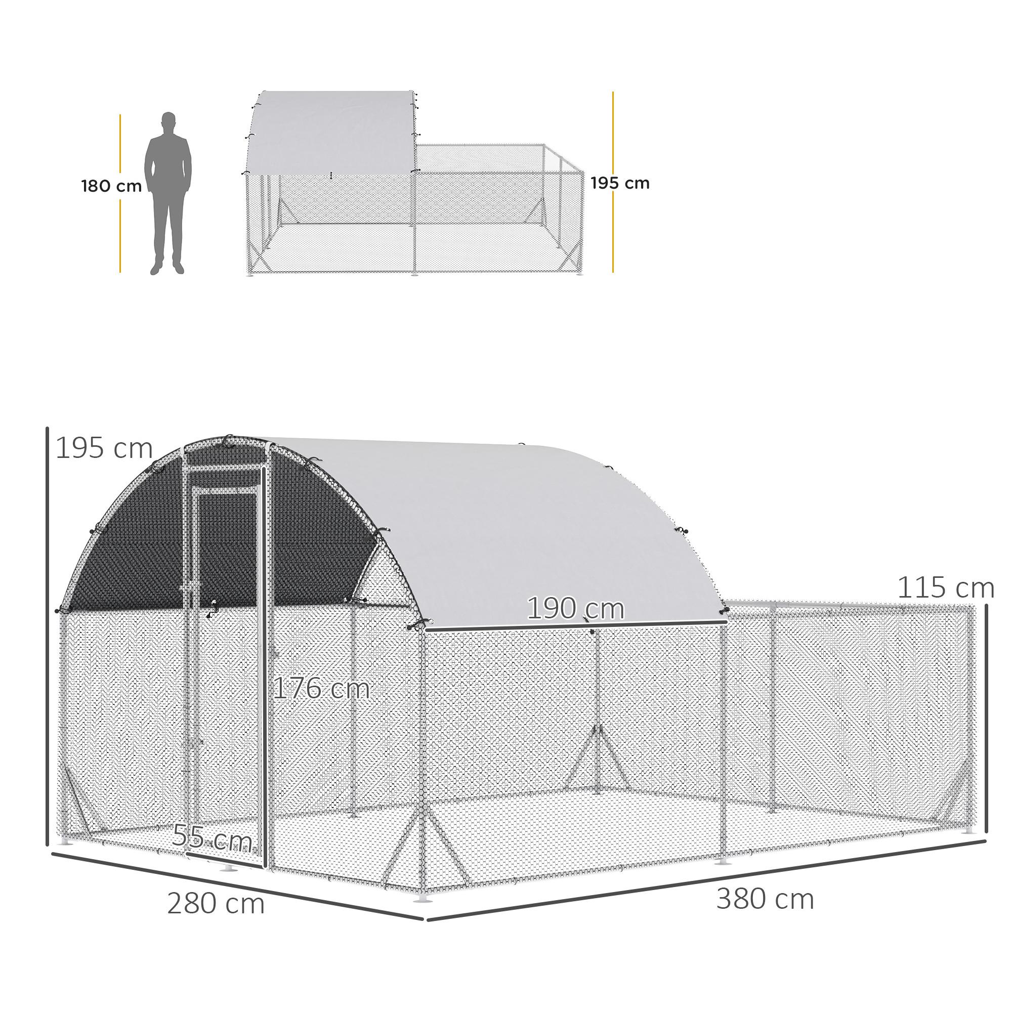 Gallinero Exterior Grande 380x280x195 cm Jaula para 10-12 Gallinas de Acero Galvanizado con 2 Pisos Cubierta de Tejado Puerta Corral para Pollos Conejos Patos Plata