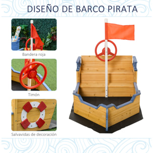 Arenero Infantil de Madera Diseño de Galeón con 2 Escalones Banco con Almacenaje Bandera y Timón Cajón de Arena de Jardín para Niños de +3 Años 158x78x45,5 cm Natural