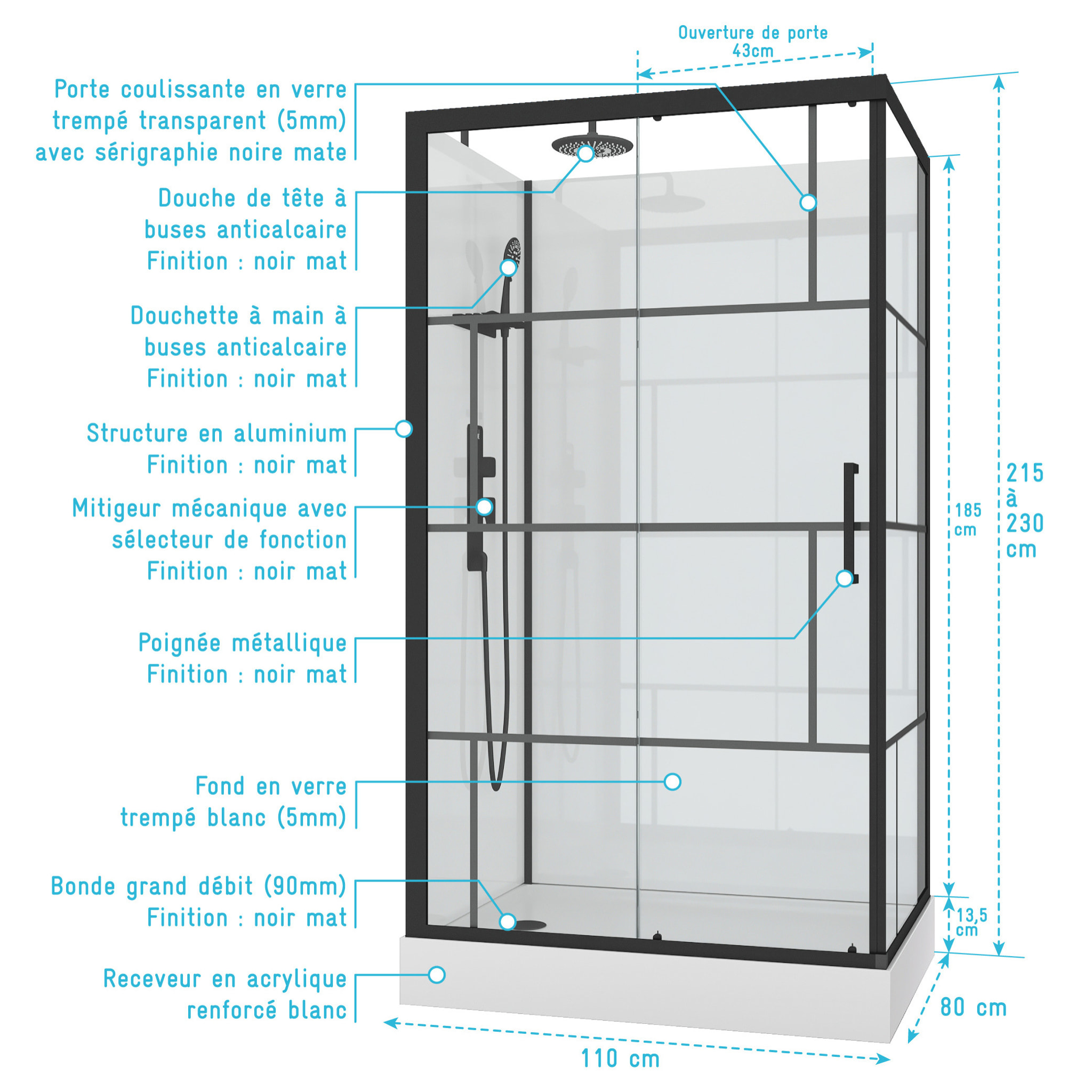 Cabine de douche 110x80cm / Receveur Haut - Verre transparent sérigraphié et Blanc - Profilés Noir