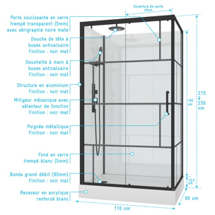 Cabine de douche 110x80cm / Receveur Haut - Verre transparent sérigraphié et Blanc - Profilés Noir