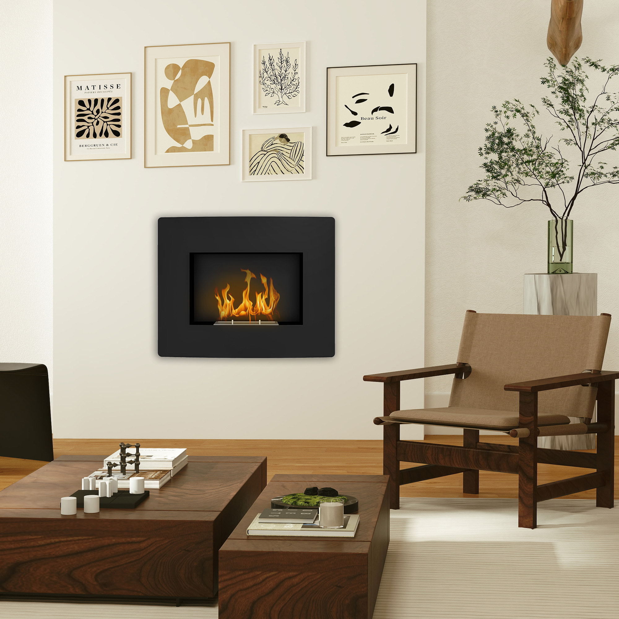 Chimenea de Bioetanol de Pared Estufa de Bioetanol Curva con Tanque de 0,9 L Apagallamas de Acero Inoxidable Tiempo de Combustión 3,3H para Interiores 15-20 m² 66x16x52 cm Negro