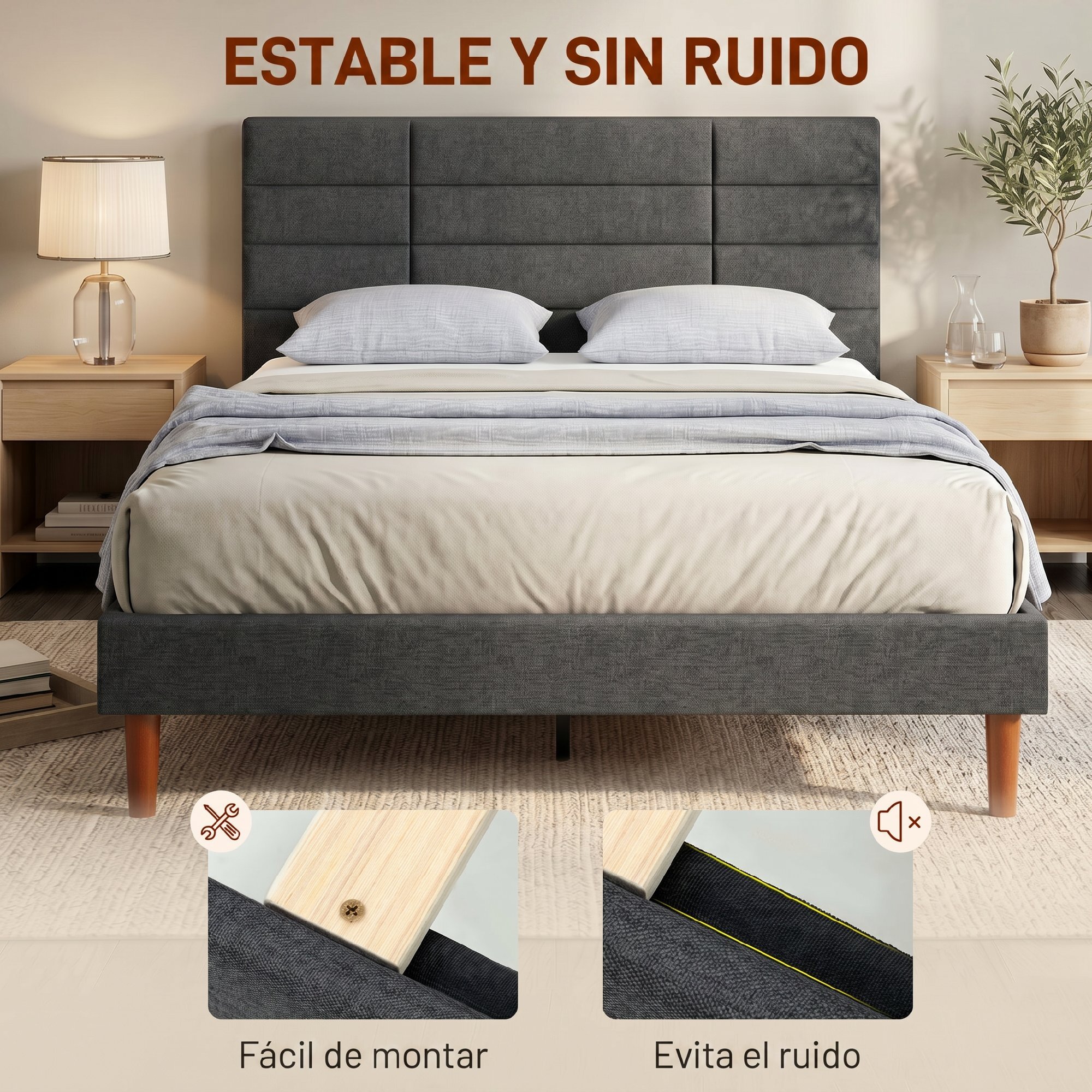 HOMCOM Cama Tapizada 140x200 cm con Cabecero Acolchado de Rejilla y Almacenaje Inferior, Marco de Cama Doble con Láminas de Madera, Diseño Moderno, Fácil Montaje, Gris