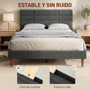 HOMCOM Cama Tapizada 140x200 cm con Cabecero Acolchado de Rejilla y Almacenaje Inferior, Marco de Cama Doble con Láminas de Madera, Diseño Moderno, Fácil Montaje, Gris